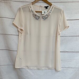 NWT Ann Taylor Embellished Peter Pan Collar Short Sleeve Top Blouse Cream Medium